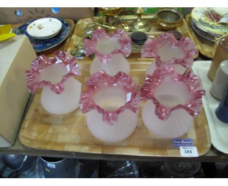 Five opaline glass light shades with cranberry crimped edges.  (5)