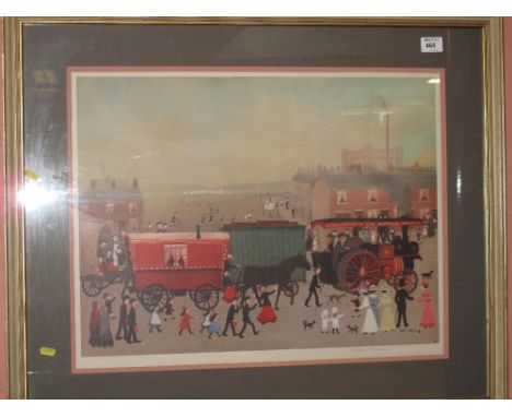 After Helen Bradley, 'Village Street Scene with Steam Traction Engine and Gypsy Caravans', coloured print, signed in pencil w