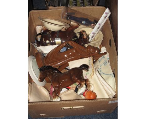 Box of assorted items to include modern collectors dolls, china ceramic horses, Royal Doulton floral breakfast bowls, floral 