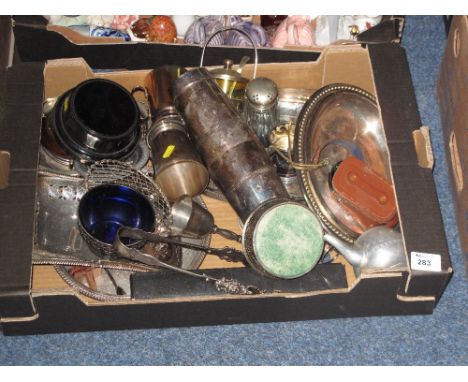 Tray of assorted metal ware and other items to include pierced cake stand, circular and oval pierced trays, silver plated tan