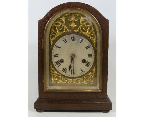 C.1900 Oak Cased Mantel Clock With Silvered Dial 
