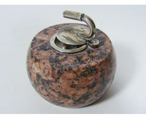 A Scottish Granite Inkwell As A Curling Stone With Silver Top & Well