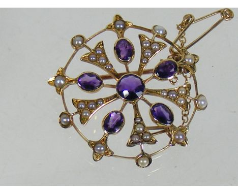 An Antique 15ct Gold Pendant Set With Amethyst &amp; Seed Pearl