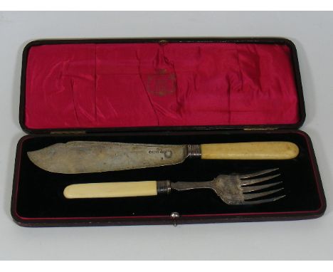 An Antique Silver & Ivory Fish Knife & Fork Serving Set