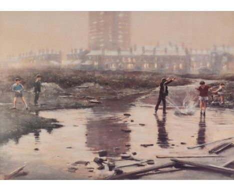 MARC GRIMSHAW (b.1957) PASTEL DRAWING Children playing on derelict ground with a row of terraced houses and flats in the back