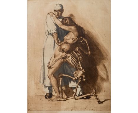 SALIGER, IVO (1894-1987) "Der Arzt, das Mädchen und der Tod" Farbradierung, um 1920, unter der Darstellung rechts signiert, H