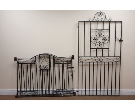 Pair wrought metal arched drive way gates, black painted finish, (W240cm, H92cm) and a wrought metal pedestrian gate, black p