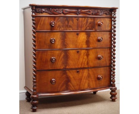 Victorian bow front mahogany chest with foliate carved false frieze top drawer above three drawers with mother of pearl inset