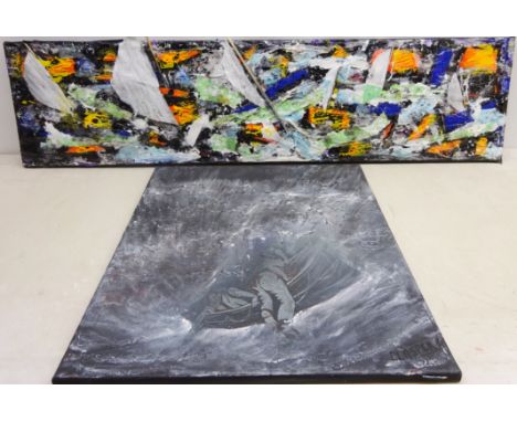 Launching the Lifeboat in Stormy Weather, contemporary oil on canvas signed by Barry Clasper 60cm x 49.5cm and Abstract Boats