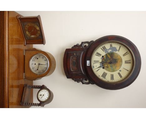 Victorian mahogany drop dial wall clock painted with an Alpine scene, H58cm, 20th century oak Westminster chime mantel clock,