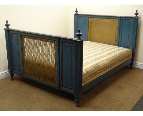 French Empire style king size bedstead, teal and gilt finish, flaming urn finials, cane work panelling, W156cm, H123cm, L200c