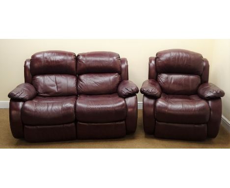 Two seat reclining sofa, upholstered in a maroon leather (W158cm) and a matching armchair (W100cm) Condition Report Click her