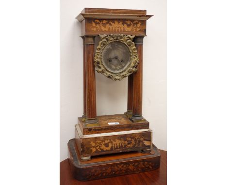 19th Century French rosewood marquetry inlaid portico clock, circular silvered Roman dial in scroll surround, brass twin trai