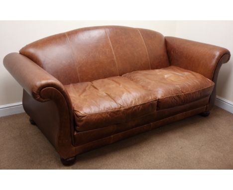 Laura Ashley three seat dark tan leather sofa, scrolled arms, bun feet, W218cm Condition Report Click here for further images