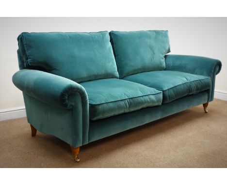 Laura Ashley Kingston three seat sofa, upholstered in sea blue velvet (W213cm) and pair matching armchairs (W100cm) Condition