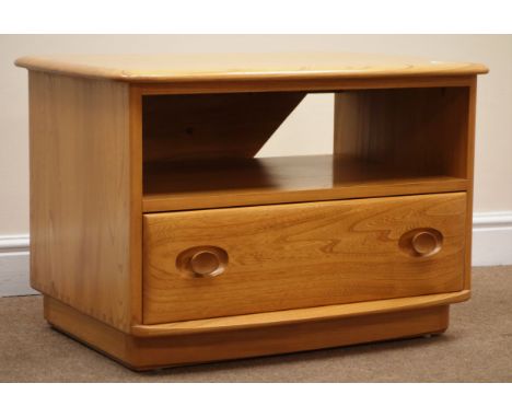 Ercol drop leaf ash television stand, single drawer, plinth base, W74cm, H49cm, D81 (maximum) Condition Report Click here for