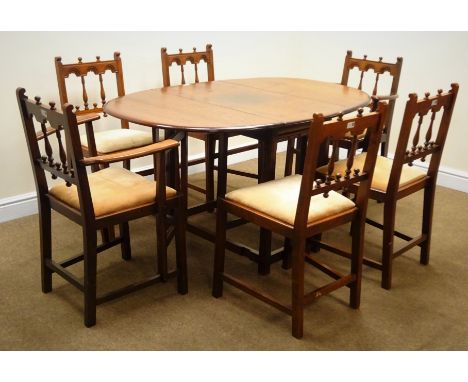 Set Ercol old colonial Yorkshire dining chairs (4+2), upholstered seat, square supports (W60cm) and an oval drop leaf dining 