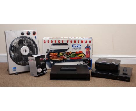 George Foreman G2 Combo Grill Compact, a Benq MS510 digital projector, two blue ray DVD players, an electric fan and a manicu