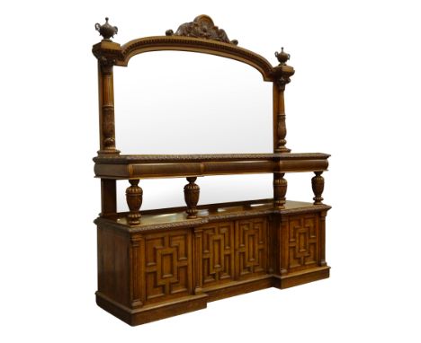 Large Victorian carved oak mirror back sideboard, stepped arched bevelled plate with shell and scroll carved cresting, fluted