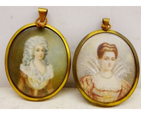 Portrait Miniature of an Elizabethan and Georgian Lady, two 19th/early 20th century ovals painted on ivory 6.5cm x 5.4cm (2) 