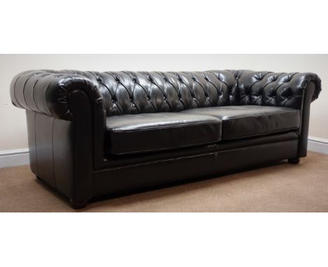 Three seat Chesterfield sofa upholstered in deep buttoned black leather (W218cm) Condition Report Click here for further imag