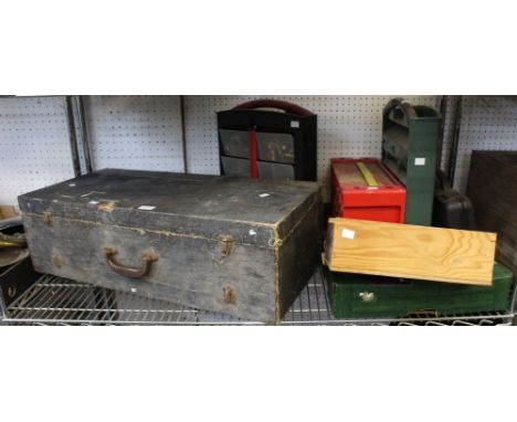 A vintage carpenters wooden tool box with contents with a selection of modern tools etc
