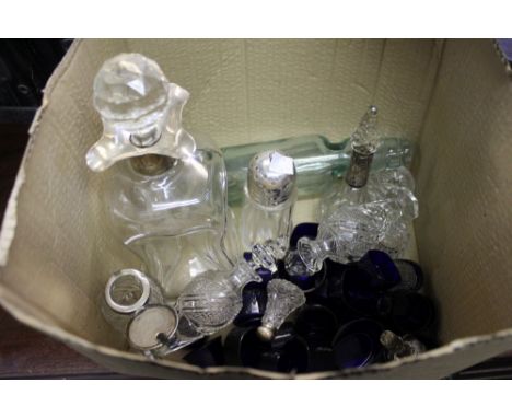 An early silver &amp; glass decanter, and other bottles, some silver marks, and approx. 24 liners