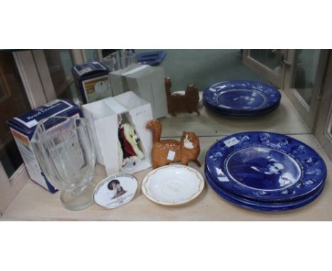 A shelf containing a Doulton 101 Dalmatians figure with Doulton plates etc