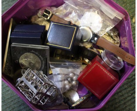 Vintage watches &amp; parts, some working, includes Tissot watch, some jewellery, some coins