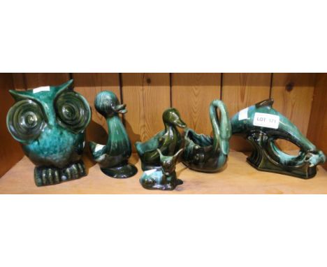 Six items of Blue Mountain Pottery, including an Owl Money box and a Poole type Dolphin