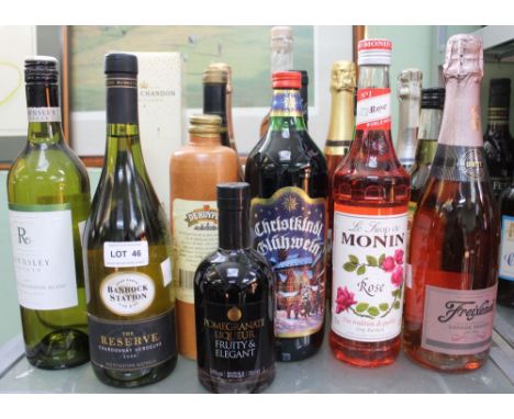 A shelf of 17 mixed bottles, wine &amp; spirits, including Moet et Chandon Champagne