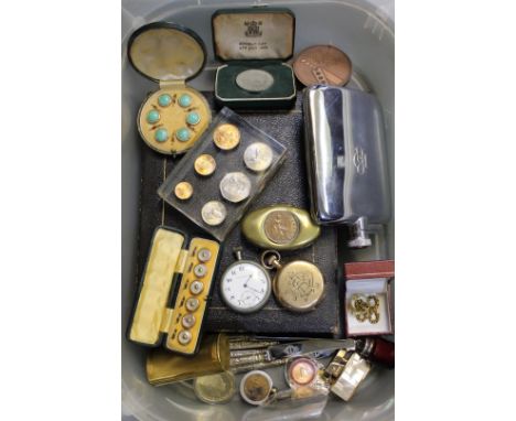 Two vintage boxes with old buttons, knives &amp; forks, with silver hallmarks, hip flask, Ronson lighter &amp; box, ration ca