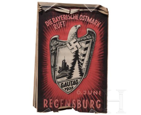 Zehn Exemplare des Plakates "Die bayerische Ostmark ruft - Gautag 1937 - 6. Juni Regensburg" Farbiges Plakat nach einem Entwu