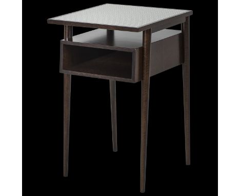 Herringbone Side Table Constructed From A Beech Wood Frame With A Dark Stained Eucalyptus Finish, Eucalyptus Veneer Legs, And
