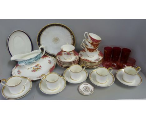 A circa 1784-1820 Royal Crown Derby part coffee set comprising five cups and six saucers, a Paragon Rockingham tea set, Wedgw