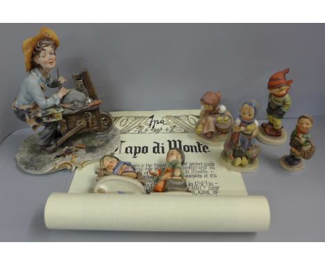 A Capodimonte figure, boy with grinding stone, signed Conti and six Goebel figures, one a/f 