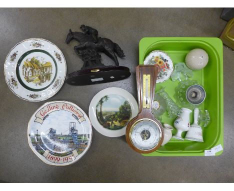 A resin figure of a horse and jockey, a barometer, Gedling Colliery plate, etc. **PLEASE NOTE THIS LOT IS NOT ELIGIBLE FOR PO
