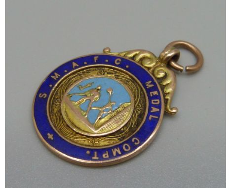 A 9ct gold and enamel fob medal, 8.6g 