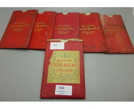 Bacon's Cycling Road Map of England, six maps printed on silk in individual wallets, circa 1890's, some water damage, numbere