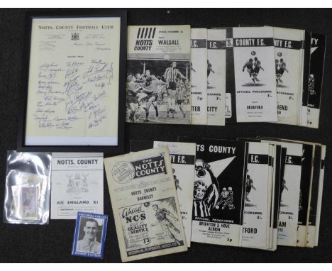 Notts County football memorabilia including programmes, and signed 1949-50 framed printed signatures of squad players 