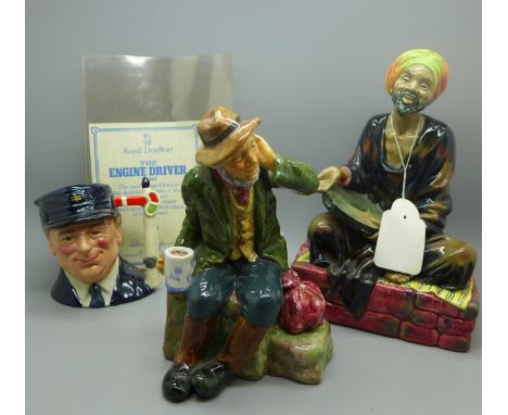 Two Royal Doulton figures, Owd Willum, The Mendicant and a character mug, The Engine Driver 