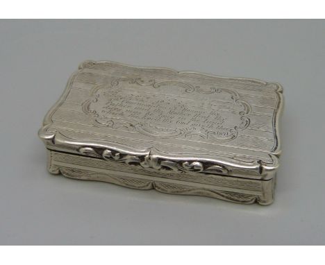 An Edward Smith silver snuff box, Birmingham 1858, with inscription dated 1871, a/f, some of the inscription erased 