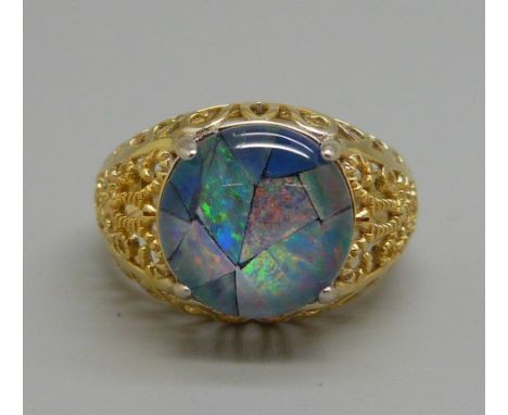 A silver gilt, mosaic opal ring, with certificate, P 