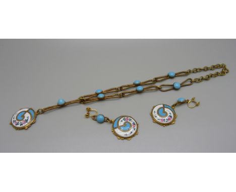 An Arts and Crafts enamel necklace and earring set 