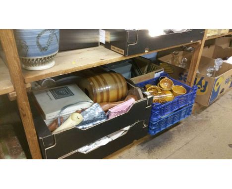 Shelf of assorted Poole, linen etc.