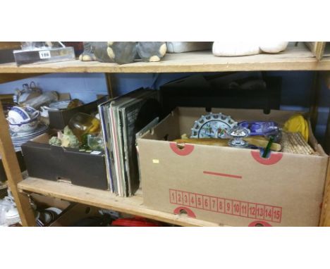 Shelf of assorted records, china etc.