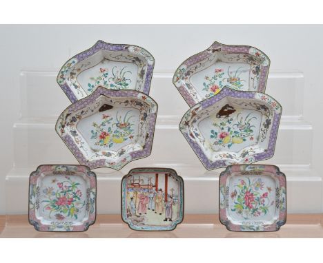 A collection of hand painted 19th century and later Chinese enamel trays, all the varying degrees of damage, one square examp