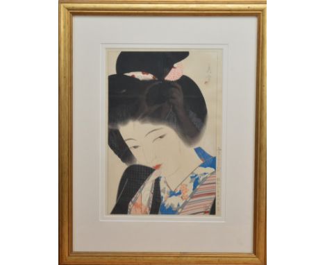Shuho Yamakawa (Japanese 1898-1944), woodcut on paper, portrait of a lady, character marks, framed glazed and mounted, frame 