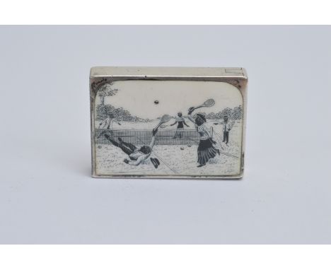 A Victorian silver and enamel vesta case, the enamel panel depicting women and men playing tennis, the other side with engrav