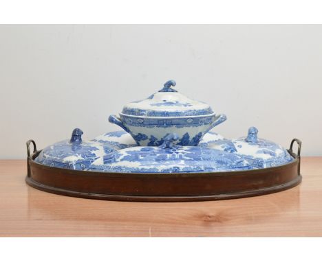 An early 19th century Spode 'Forest Pattern' blue and white transferware supper set, c.1815, together with a its oval twin ha